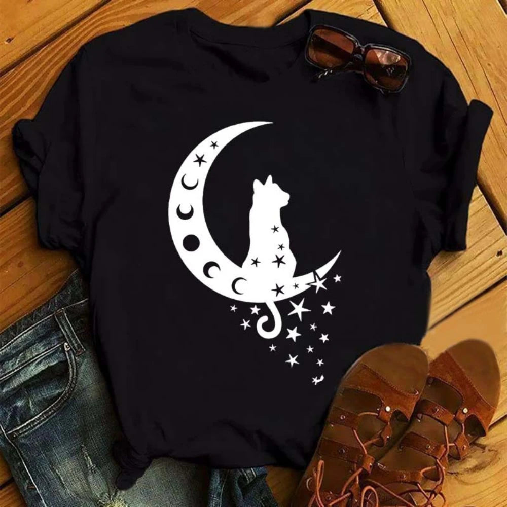 Gold and White Sun Moon Stars Print Women T Shirt Short Sleeve Women Tshirt Durable Plus-size Casual T-shirt Daily Streetwear