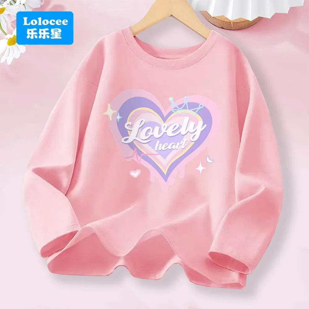 Kawaii Lovely Heart T-shirt for Girls - Cute Pink Purple Heart Print Long Sleeve Top, Kids Casual Cotton Basic Shirt
