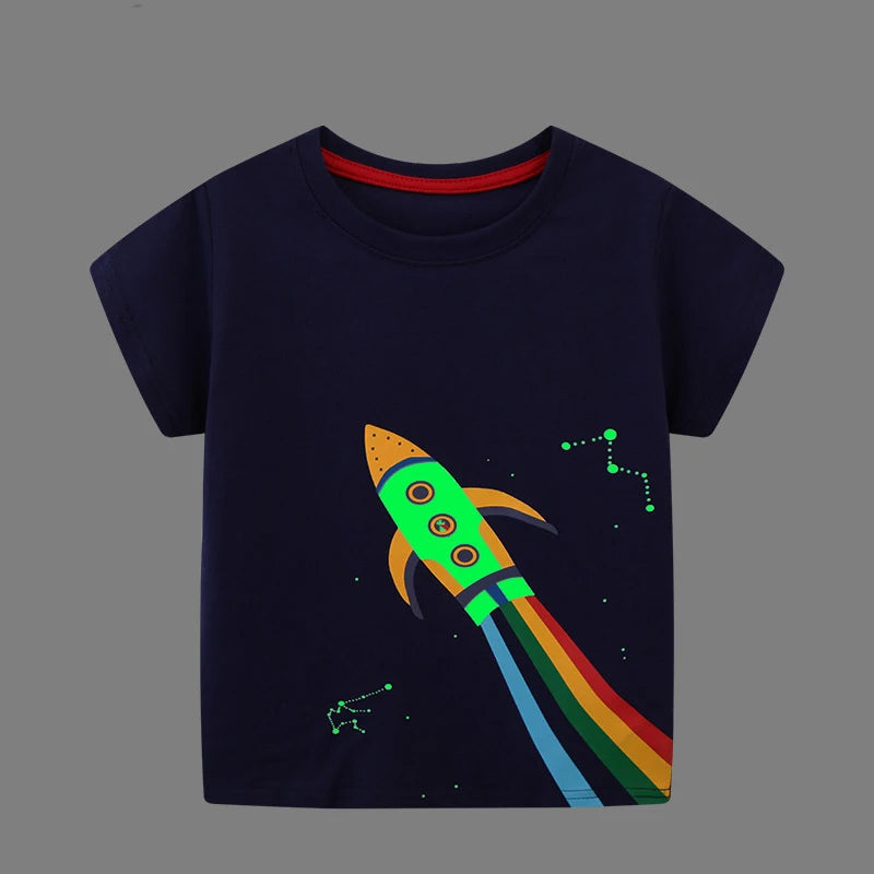 Little maven 2026 New Fashion Boys T-shirt Summer Luminous Dinosaur Animal Cotton Causal Clothes Lovely Tops for Kids 2-7 year