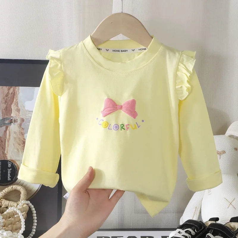 Kids Girls Cotton Long Sleeve Tops with Bow Cute Print Shirt Basic Tee Fall Autumn Clothing for Baby Toddler