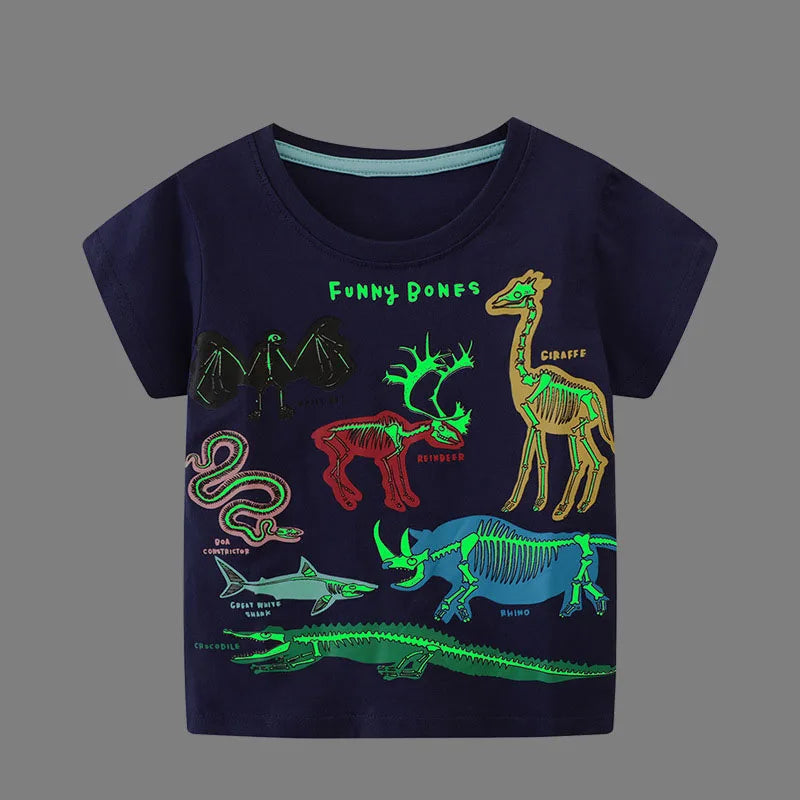 Little maven 2026 New Fashion Boys T-shirt Summer Luminous Dinosaur Animal Cotton Causal Clothes Lovely Tops for Kids 2-7 year