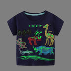 Little maven 2026 New Fashion Boys T-shirt Summer Luminous Dinosaur Animal Cotton Causal Clothes Lovely Tops for Kids 2-7 year