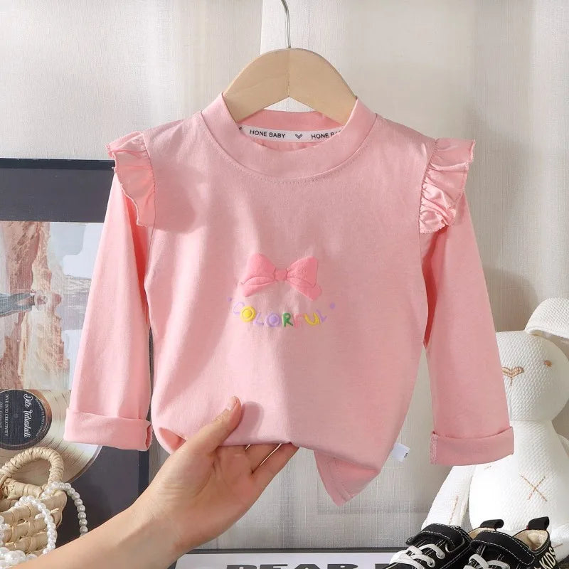 Kids Girls Cotton Long Sleeve Tops with Bow Cute Print Shirt Basic Tee Fall Autumn Clothing for Baby Toddler