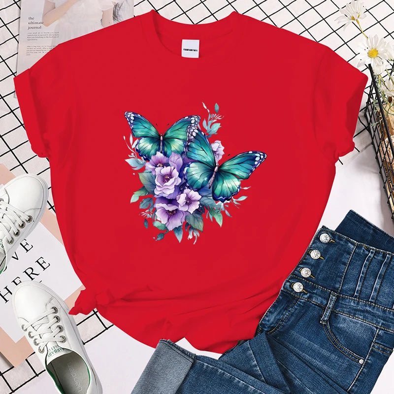 Women T-shirt Funny Flower Butterfly Print T-Shirts for Women Summer Round Neck Tee Shirt Femme Fashion Casual T-Shirts