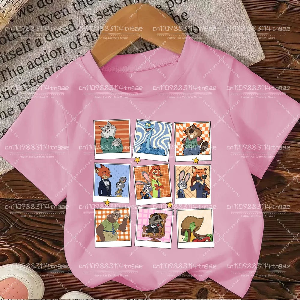 2026 Summer Children Girl Boy Cotton Clothes  Zootopia Cartoon Prints T-shirts Fashion Kid Baby Short Sleeve Crew Neck Top