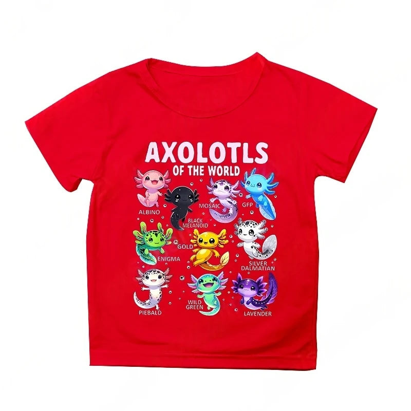 Colorful Cartoon Axolotls Graphic 3D Print T-Shirt Summer Casual Comfy Girls Clothes 2-10Y Short Sleeve T-Shirt for Children Top