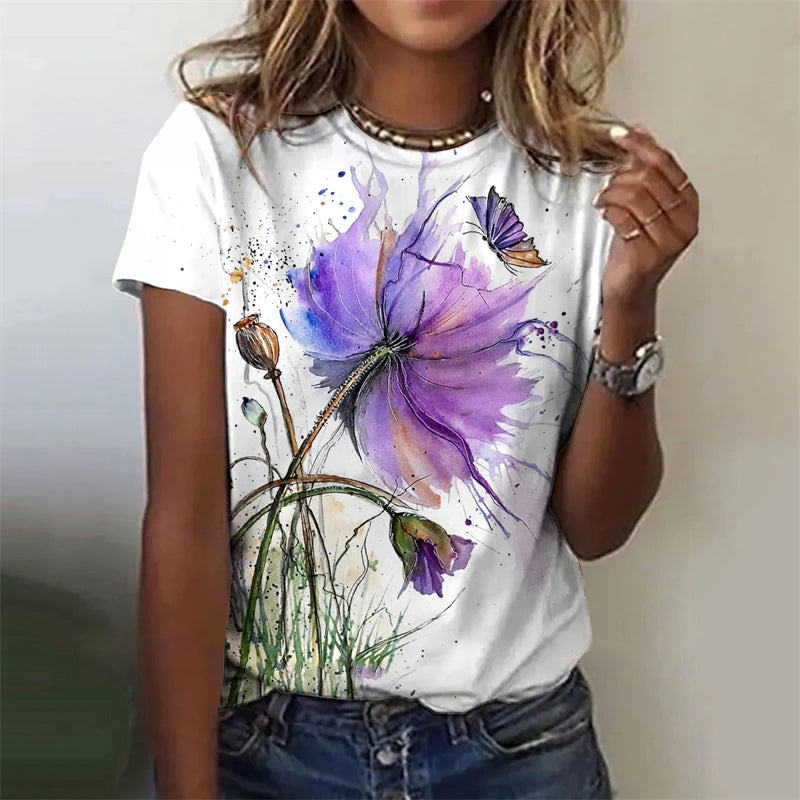 Women's T-Shirts Flowers Fashion Print O Neck Short Sleeve Tees O-Neck Personality Women Summer Harajuku Loose Female Clothing