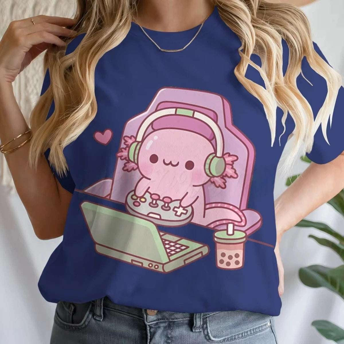 Girls' Summer Clothes Cute Axolotl Playing Games Graphic T-Shirt 3D Print Tie Dye Children's Clothing for Girl Short Sleeve Tee