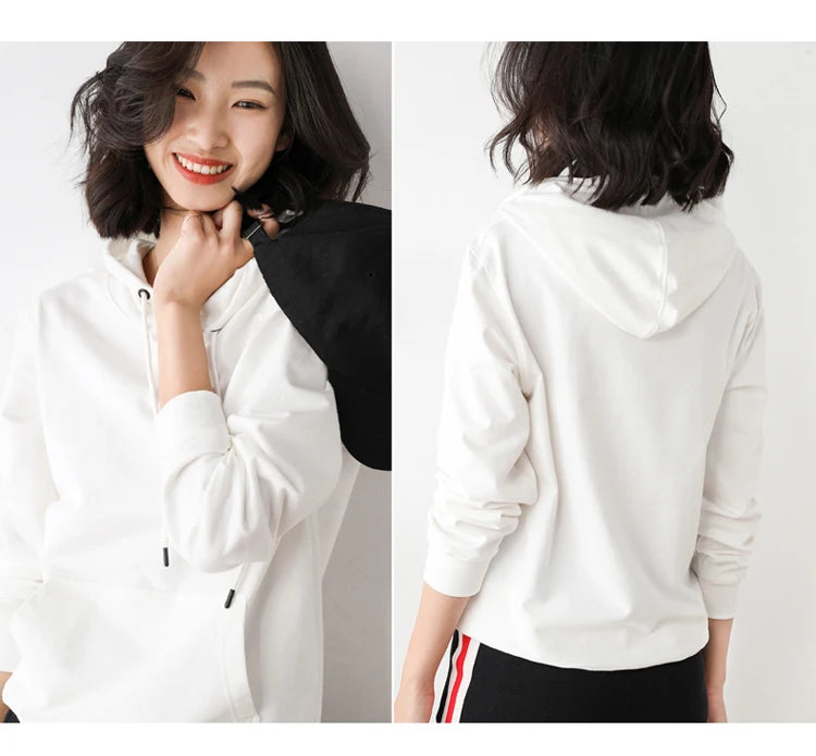 Women Hoodies 100% Cotton Spring Autumn Loose Long Sleeve Pullovers Solid Casual Ladies Outerwear Hooded Hoodie Womens Clothing
