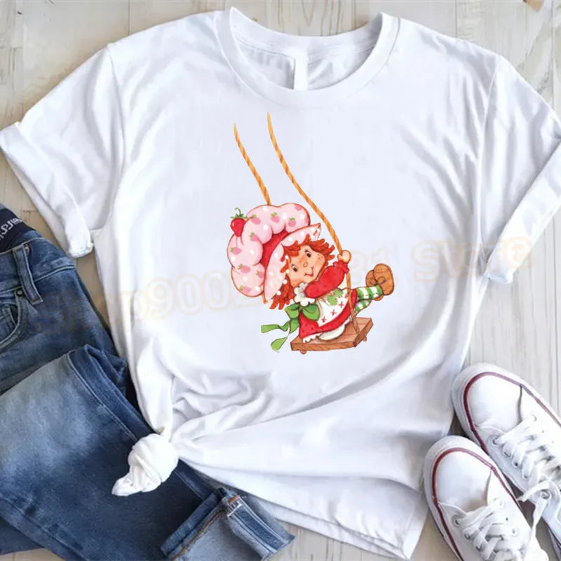Cute Strawberry Shortcake T-Shirt for Women Retro Cartoon Printed T Shirts Loose Short Sleeved Tops Casual Round Neck Tees