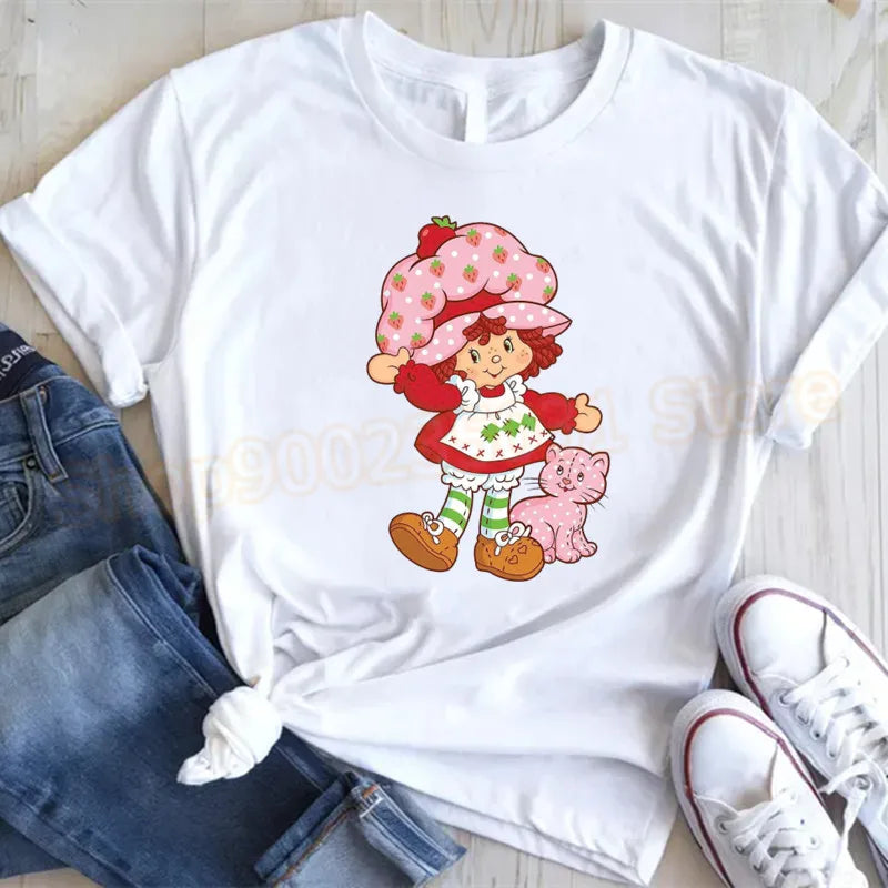 Cute Strawberry Shortcake T-Shirt for Women Retro Cartoon Printed T Shirts Loose Short Sleeved Tops Casual Round Neck Tees