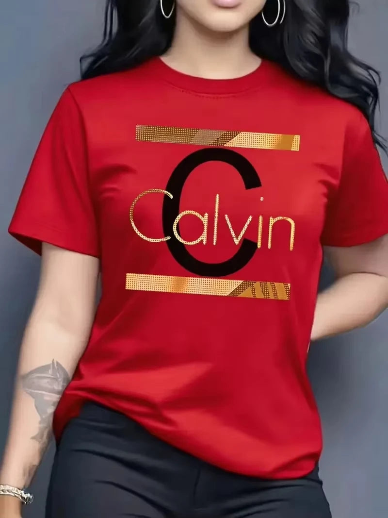 Hot Sale Women's Summer Fashion Casual Calvin Letter Pattern Print Loose Round Neck Short Sleeve Sportswear T-shirt Y2k Clothes