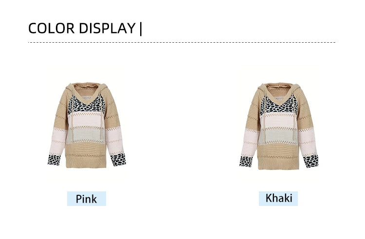 Plus Size Women's Autumn and Winter Pop Hooded Leopard Print Colour Block Sweater Casual Style Acrylic Material