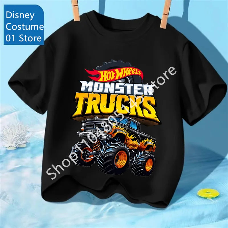 Summer Kids T Shirt Hot Wheels T-shirt Boys Girls Short Sleeve Tops Cartoon Cars Graphic Trucks Print T-shirt Children Clothing