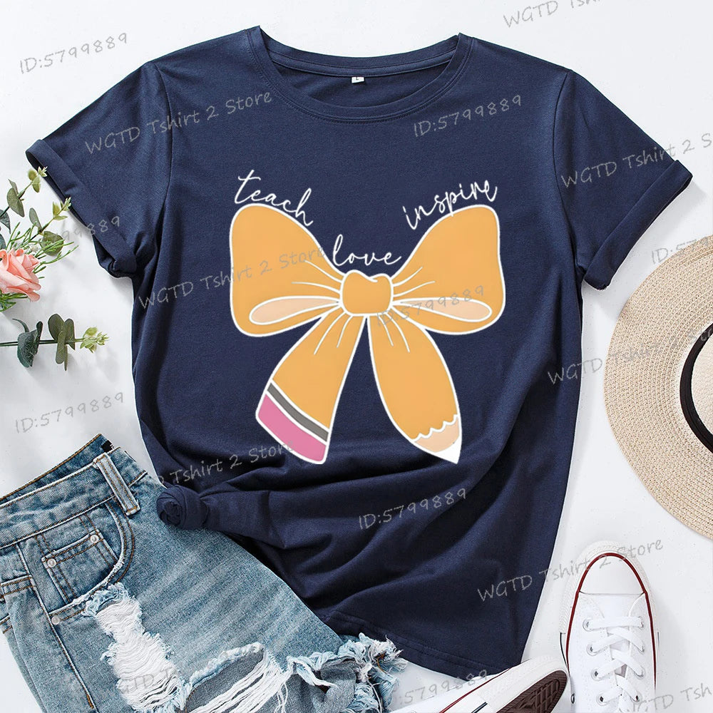 Women's Inspirational Teacher Graphic T Shirt Pencil Bow Design Short Sleeve Tee Gifts for Teacher's Day Crew Neck Classic Tops