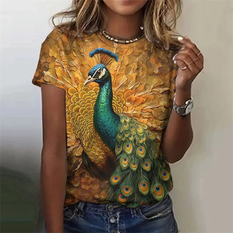 Fashion Women's T-shirt With Cute Peacock Graphic 3D Printed Short Sleeve Summer T-shirts Oversized Loose Women's Clothing