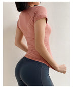 Women Yoga Shirts Sports T Shirt Summer Short Sleeve Round Neck Breathable Stretchy GYM Yoga Slim Fitness Active Top Tee