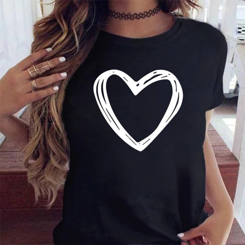 New Women T Shirt Cute Than Heart Printed T-shirt Fashion Love Heart Loose Short Sleevs Round Neck T-shirt Casual Female Tops