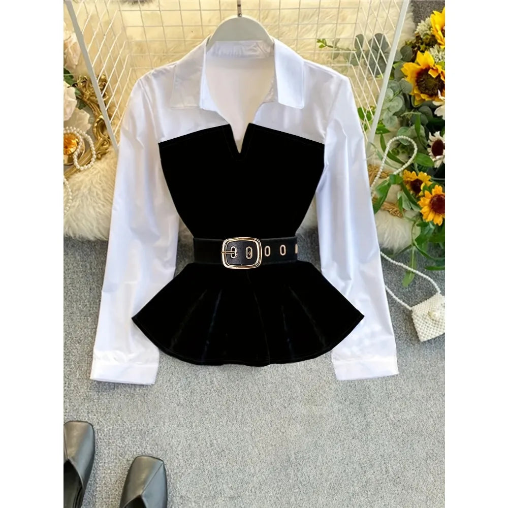 2025 women Plus Size Color Block Layered Shirt: Two-Tone Blouse Design & Belt-Free Comfort for Modern Professional Style（No bel）