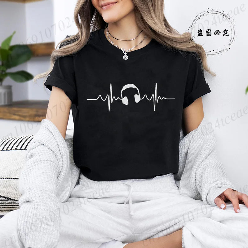 Women's T-shirts Music Note Heartbeat Printed T-Shirt Music Lover Funny Graphic Tee Shirts for Men Women Fashion T-Shirts Tops