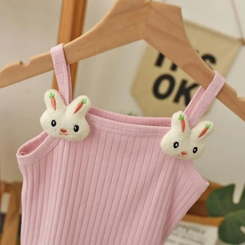 1-8Y Children's Knitted Sling Top Sleeveless Short T-Shirts 2025 Summer Thin Base Suspenders Girls Baby Rabbit Mushroom Tops