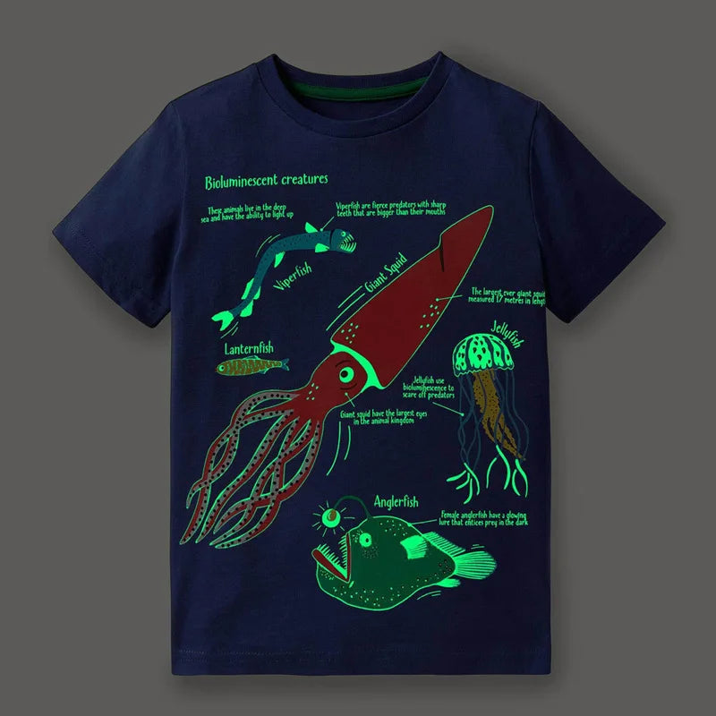 Little maven 2026 New Fashion Boys T-shirt Summer Luminous Dinosaur Animal Cotton Causal Clothes Lovely Tops for Kids 2-7 year