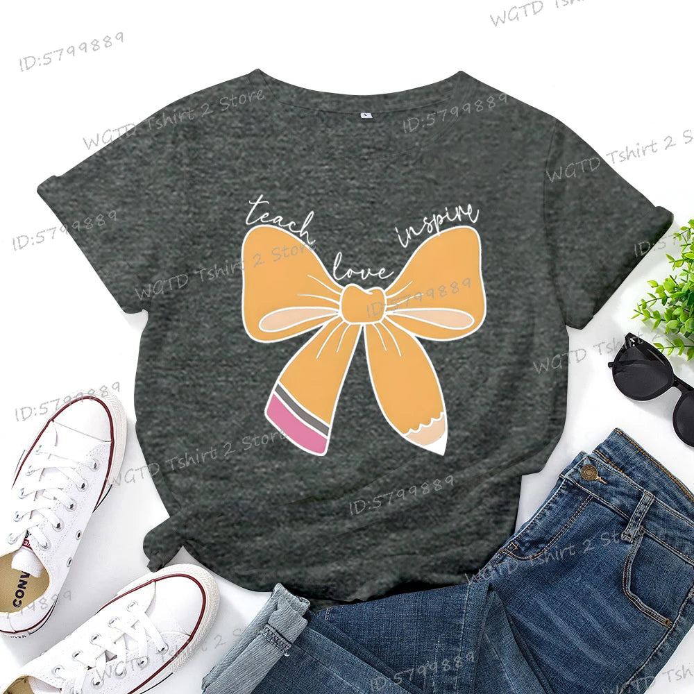 Women's Inspirational Teacher Graphic T Shirt Pencil Bow Design Short Sleeve Tee Gifts for Teacher's Day Crew Neck Classic Tops