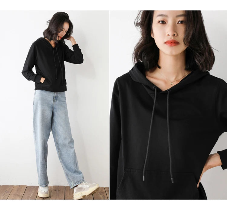 Women Hoodies 100% Cotton Spring Autumn Loose Long Sleeve Pullovers Solid Casual Ladies Outerwear Hooded Hoodie Womens Clothing