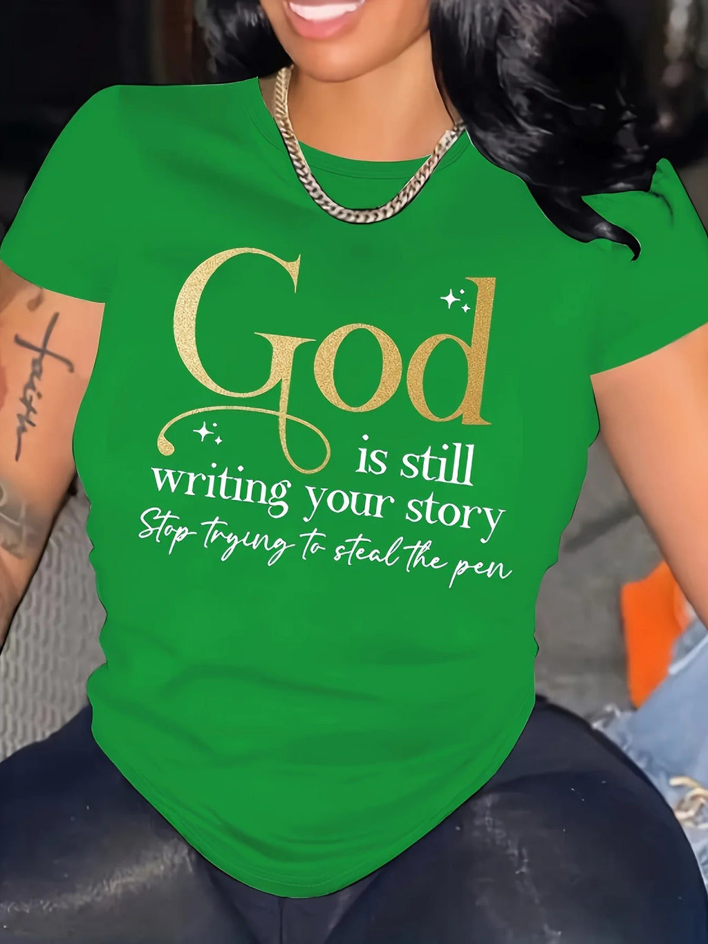 God Is Still Writing Your Story Women's Tee - Faith Graphic, Casual Yellow Top