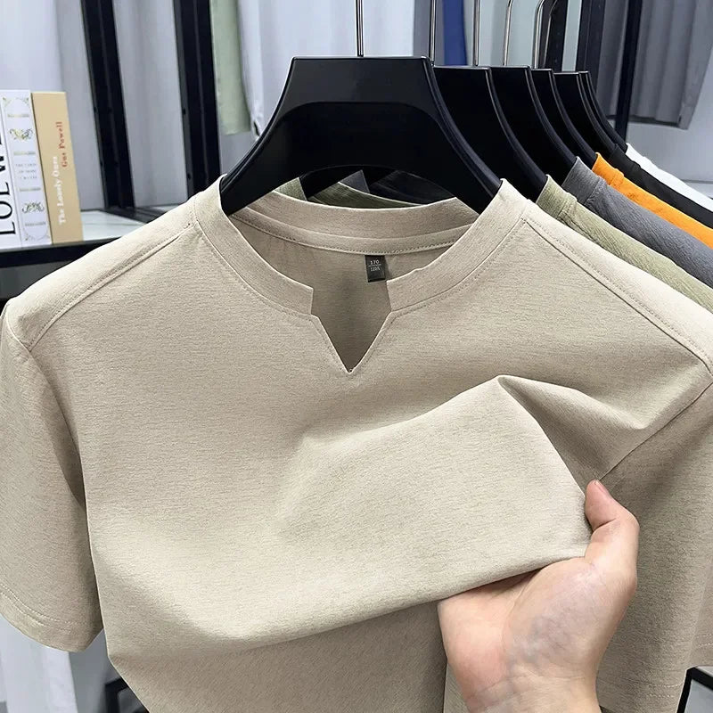 Korean Men's Casual and Fashionable Small V-neck Solid Color Short Sleeved T-shirt Comfortable Summer Versatile Top
