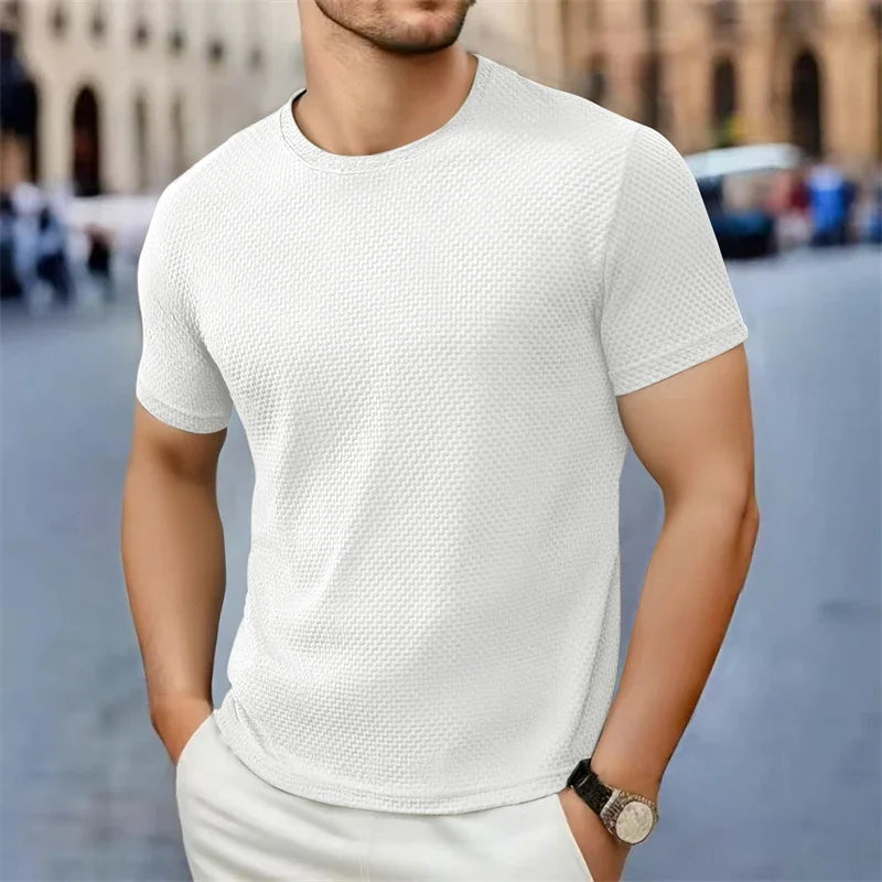 Men's Casual Short Sleeve T-shirt 2025 New Bone Flower Solid Color O-neck Fashion Breathable Comfortable Summer Versatile Top
