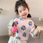 1pcs Summer Kids Flower Print Tops Clothes Girls Korean Style Shirt Children Short Sleeve T-shirts Child Casual Comfort T Shirs