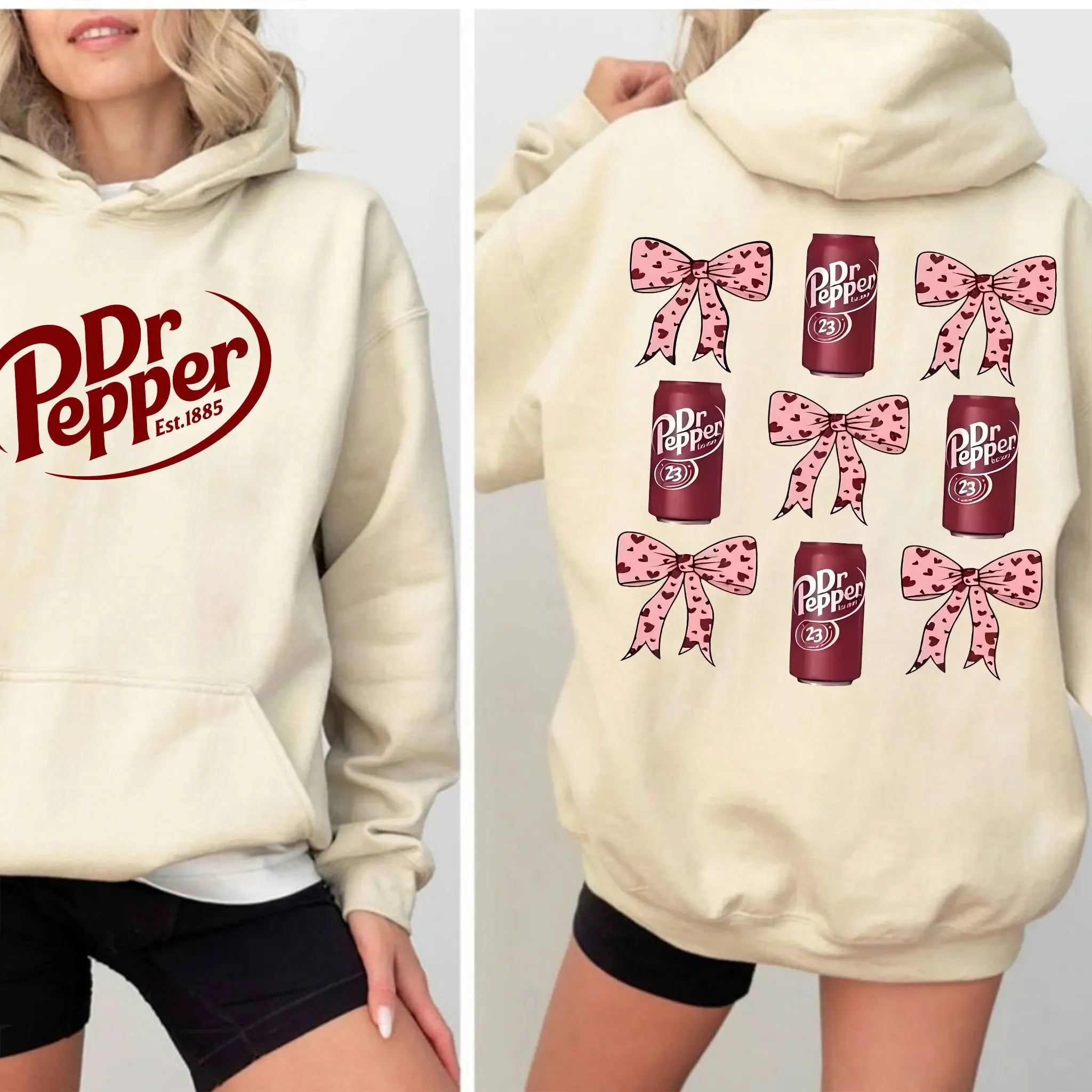 Dr Pepper Can and Bowknot Duplex Printing Hoodie Retro Soda Lover Pullover Women Fashion Daily Life Streetwear Fall Winter Tops