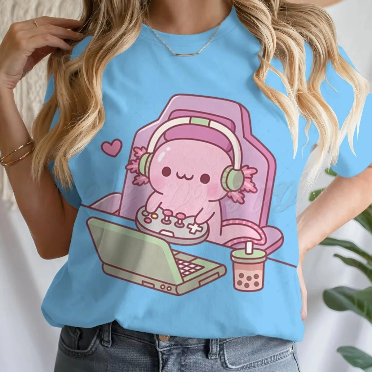 Girls' Summer Clothes Cute Axolotl Playing Games Graphic T-Shirt 3D Print Tie Dye Children's Clothing for Girl Short Sleeve Tee