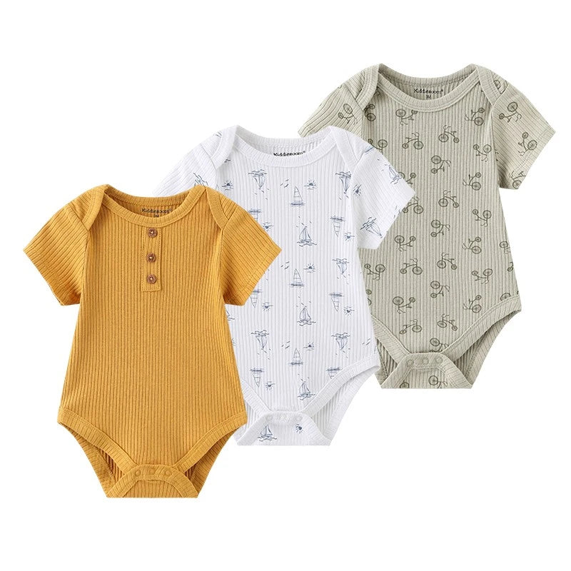 Unisex Cotton Newborn Baby Boy Clothes 3Pieces Summer 0-12M Cartoon Baby Girl Clothes Print Bodysuits Short Sleeve Bebes