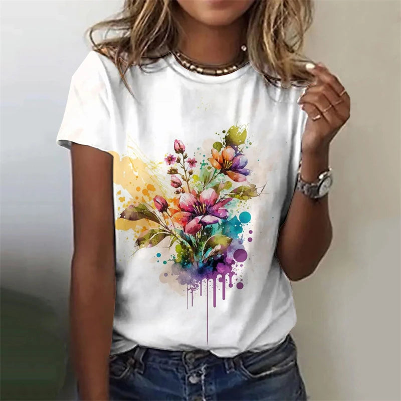 Women's T-Shirts Flowers Fashion Print O Neck Short Sleeve Tees O-Neck Personality Women Summer Harajuku Loose Female Clothing