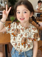 Girl Clothing Summer 3D Print T-Shirt Kawaii Cat Graphic Kids Girls Clothes Outdoor Short Sleeve Causal Children Top for Girls