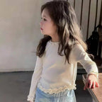 Bear Leader Spring and Autumn New Girls' Bottom Shirt Korean Edition Fashion Lace Splicing Fake Two Piece Long Sleeve T-shirt