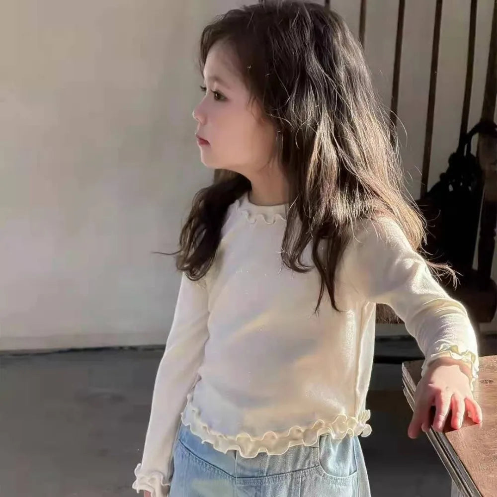 Bear Leader Spring and Autumn New Girls' Bottom Shirt Korean Edition Fashion Lace Splicing Fake Two Piece Long Sleeve T-shirt