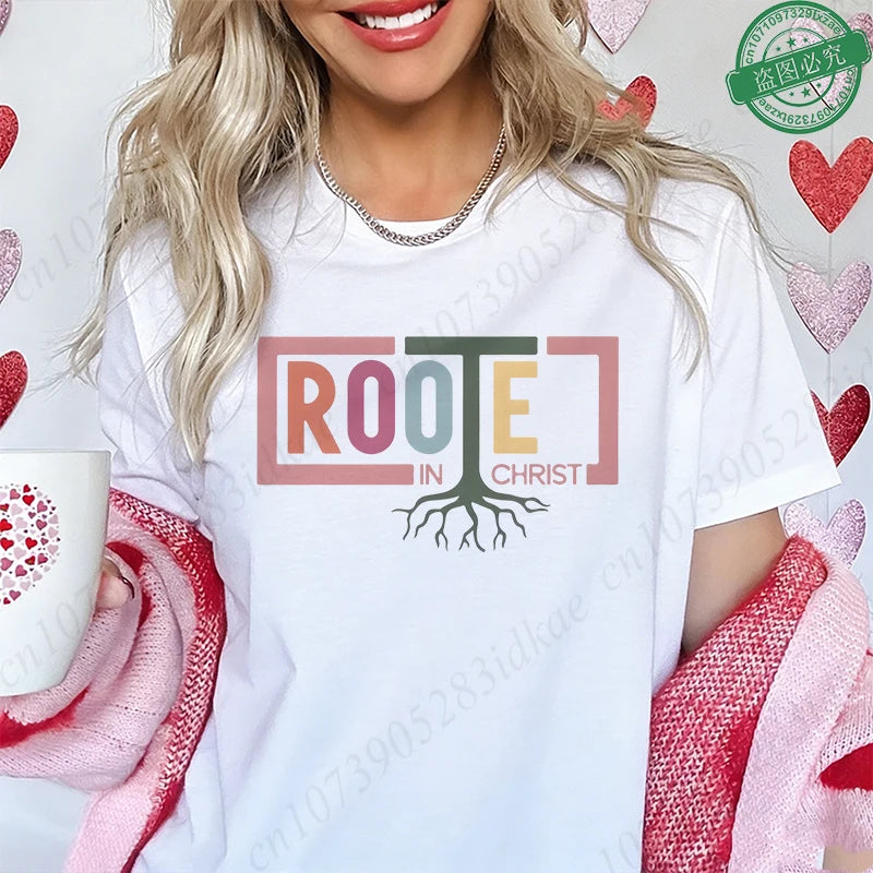 Rooted in Christ T-Shirt Women Vintage Tree Faith Root Graphic Tops Casual Christian Religious Short Sleeve Tee Female Clothing