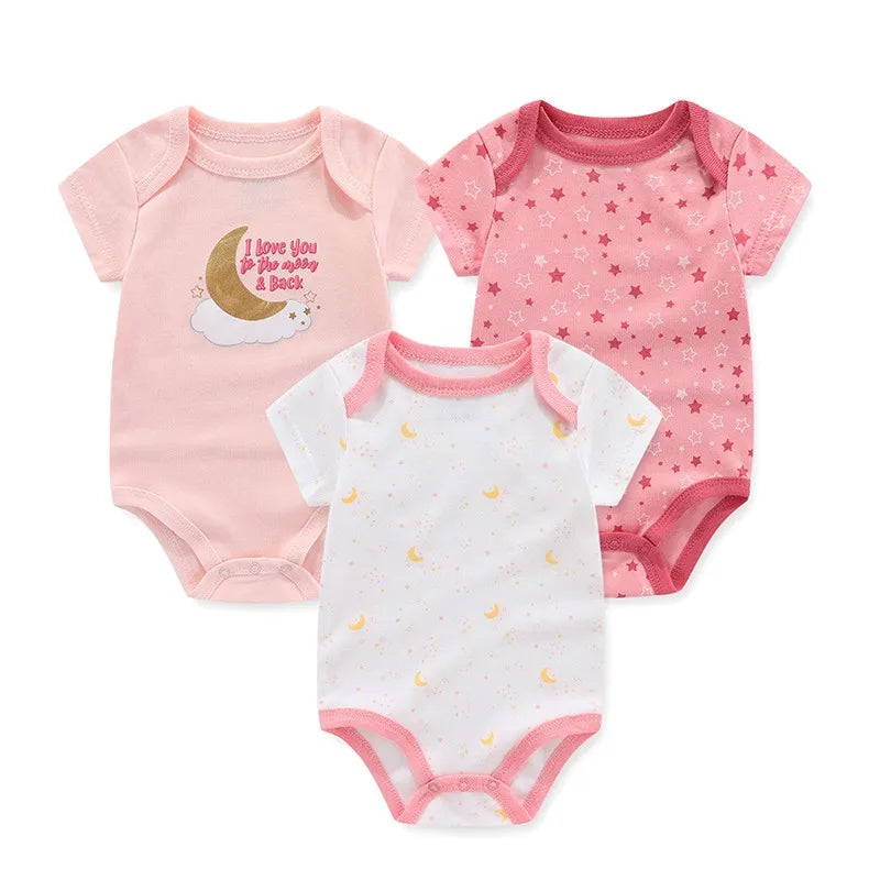Unisex Cotton Newborn Baby Boy Clothes 3Pieces Summer 0-12M Cartoon Baby Girl Clothes Print Bodysuits Short Sleeve Bebes