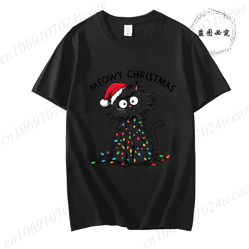 Women'S Casual Graphic T-Shirt - Meowy Christmas Print, Short Sleeve O Neck Top for Christmas Xmas T-Shirts Christmas Santa Tees