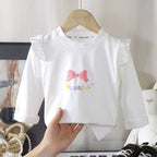 Kids Girls Cotton Long Sleeve Tops with Bow Cute Print Shirt Basic Tee Fall Autumn Clothing for Baby Toddler