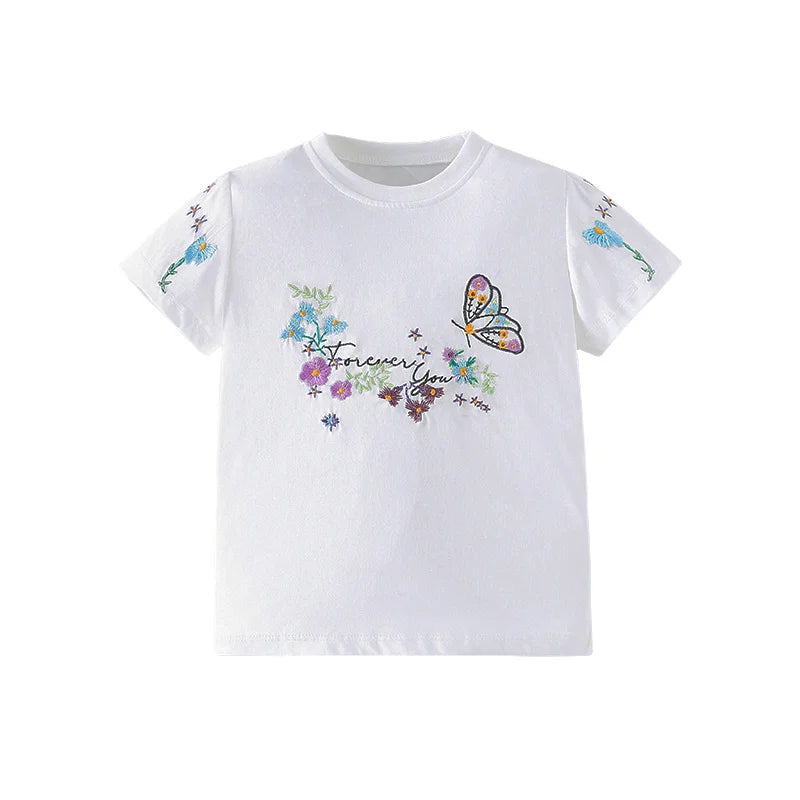 Jumping Meters 3-8T Animals Summer Girls Tshirts Butterflies Applique Short Sleeve Baby Clothes Embroidery Children's Tees