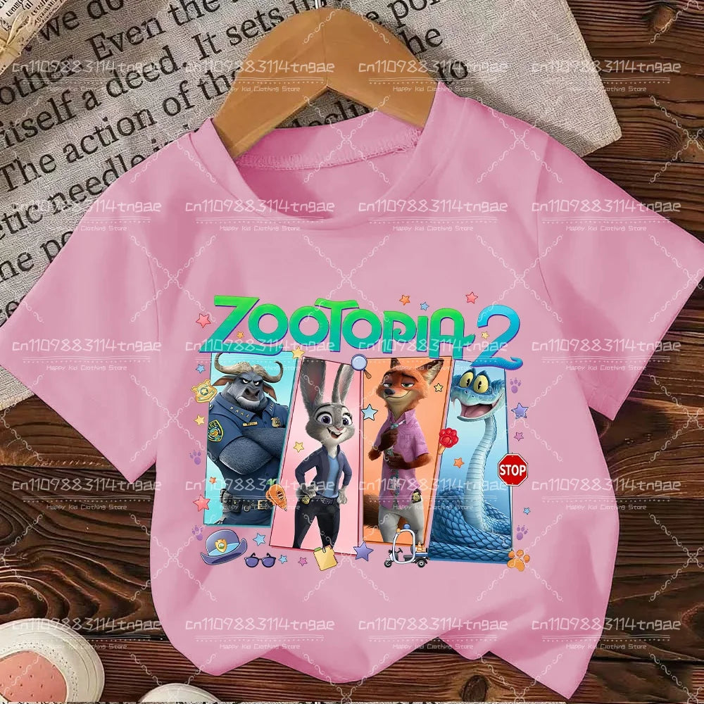 2026 Summer Children Girl Boy Cotton Clothes  Zootopia Cartoon Prints T-shirts Fashion Kid Baby Short Sleeve Crew Neck Top