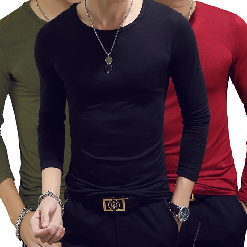 White Solid Color Basic Slim Men T-shirt Spring Autumn Bottoming Shirt Men Round Neck V-neck Casual Tops Long-sleeve Shirts