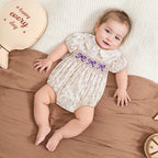 0-18M Infant Baby Girls Bowknot Embroidered Rompers Lovely Floral Print Doll Collar Short Sleeve Bubble Jumpsuits for Newborn