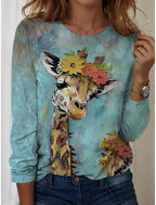 Women's T-Shirts Graphic Animal Giraffe  Tees Fashion Stylish Long Sleeve T-shirts O-Neck Regular Tops Summer Casual Pullover