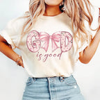 God Is Good Christian Jesus Bible Verse Bow Print T-shirts Short Sleeve  Women Shirt Fashion Graphic Tops Female Clothing