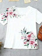 Spring Summer Plus Size Floral Print Wave V-Neck Short Sleeve T-Shirt for Women